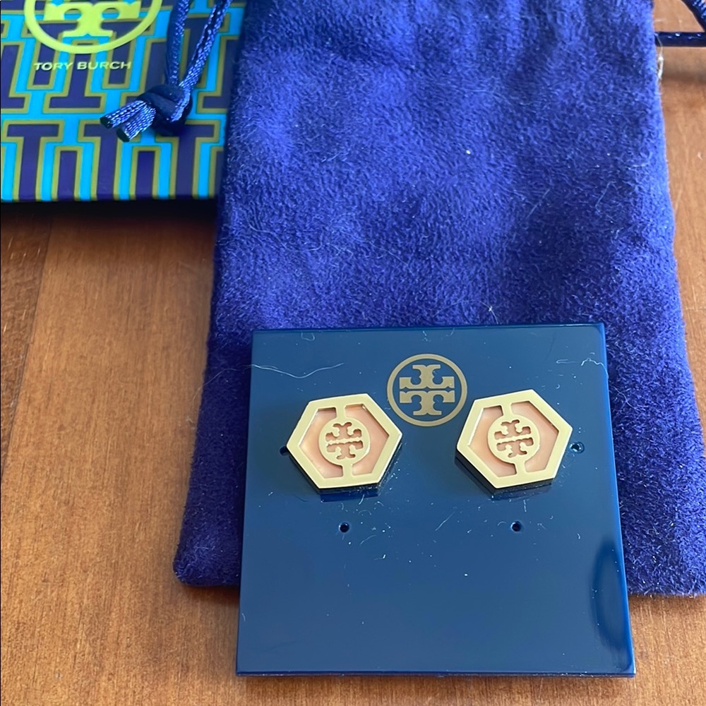 Tory Burch Gold Hexagon Logo Earrings